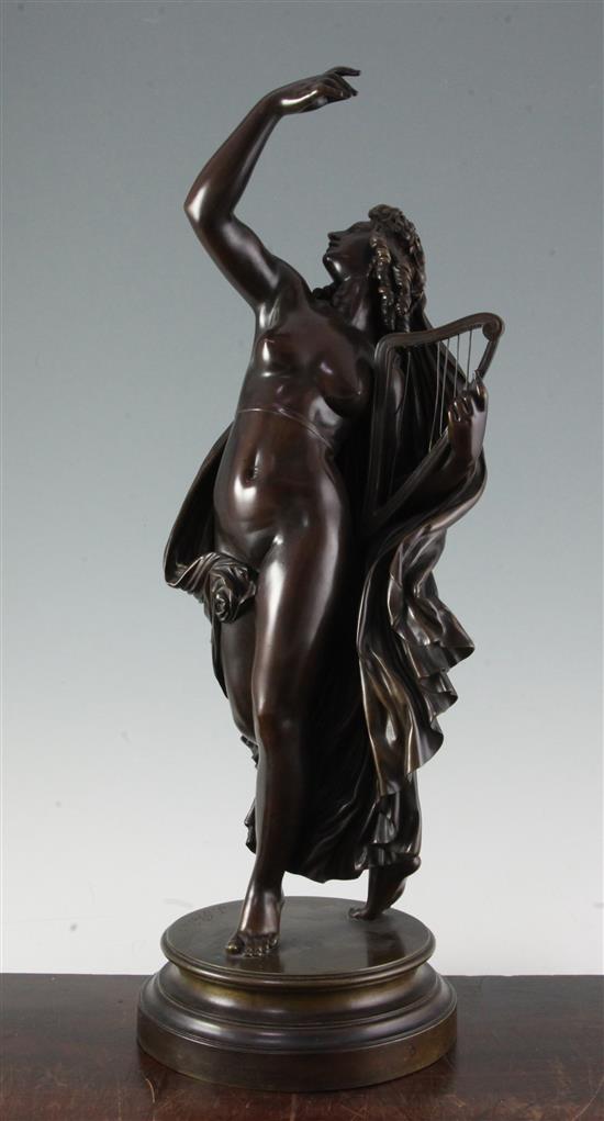 Jean Jacques Pradier (1790-1852). A bronze figure of a muse holding a harp, La Poesie Legere H.21in.